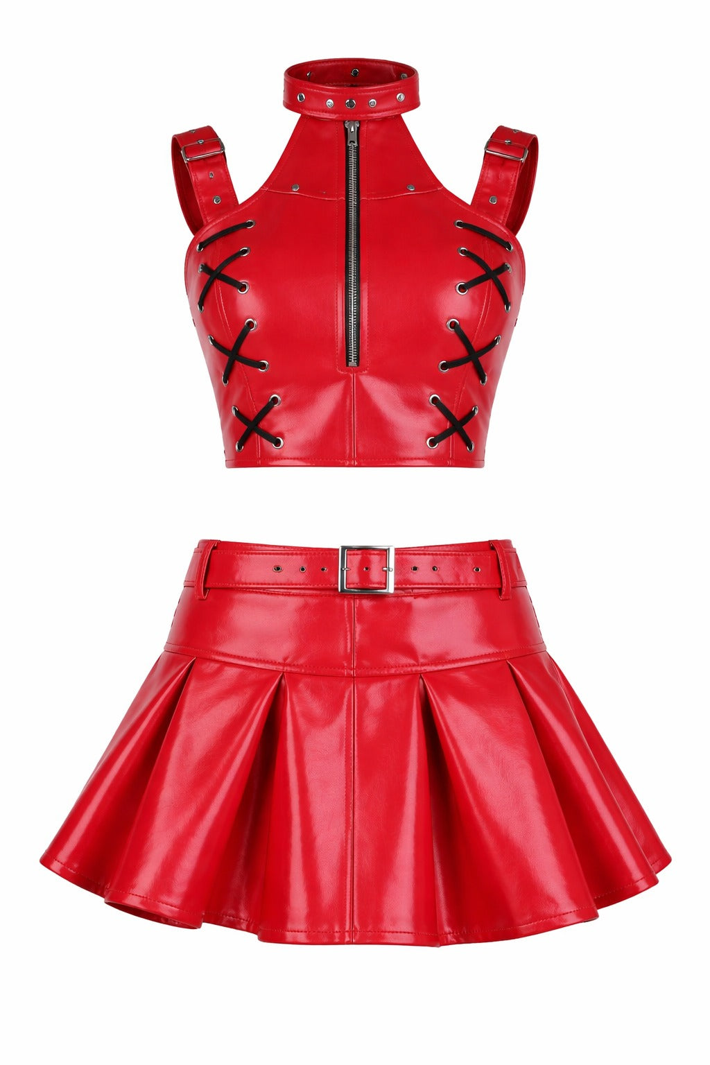 Red PVC Corset with Pleated Skirt & Strap Detail Set