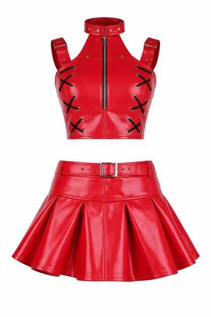 Red PVC Corset with Pleated Skirt & Strap Detail Set