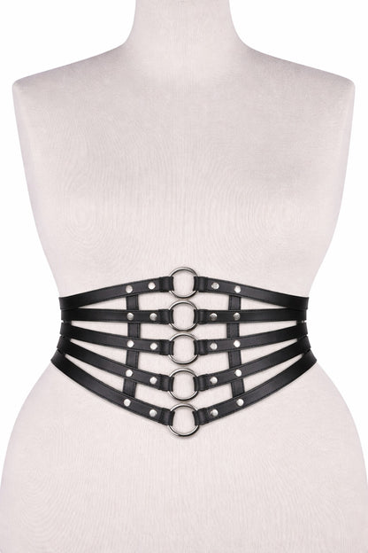 Black Harness Style Waist Belt with Metal Ring Design