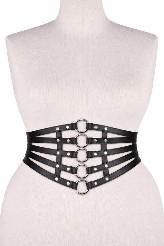 Black Harness Style Waist Belt with Metal Ring Design