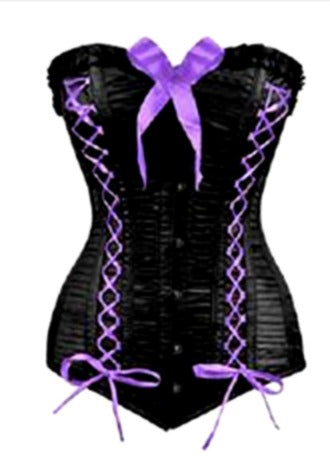 Black Satin Corset with Purple Lace-Up & Bow