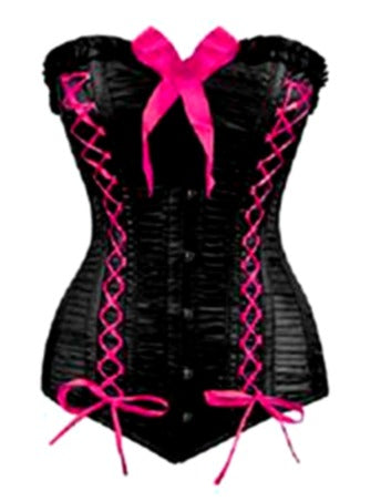Black Satin Corset with Pink Lace-Up & Bow