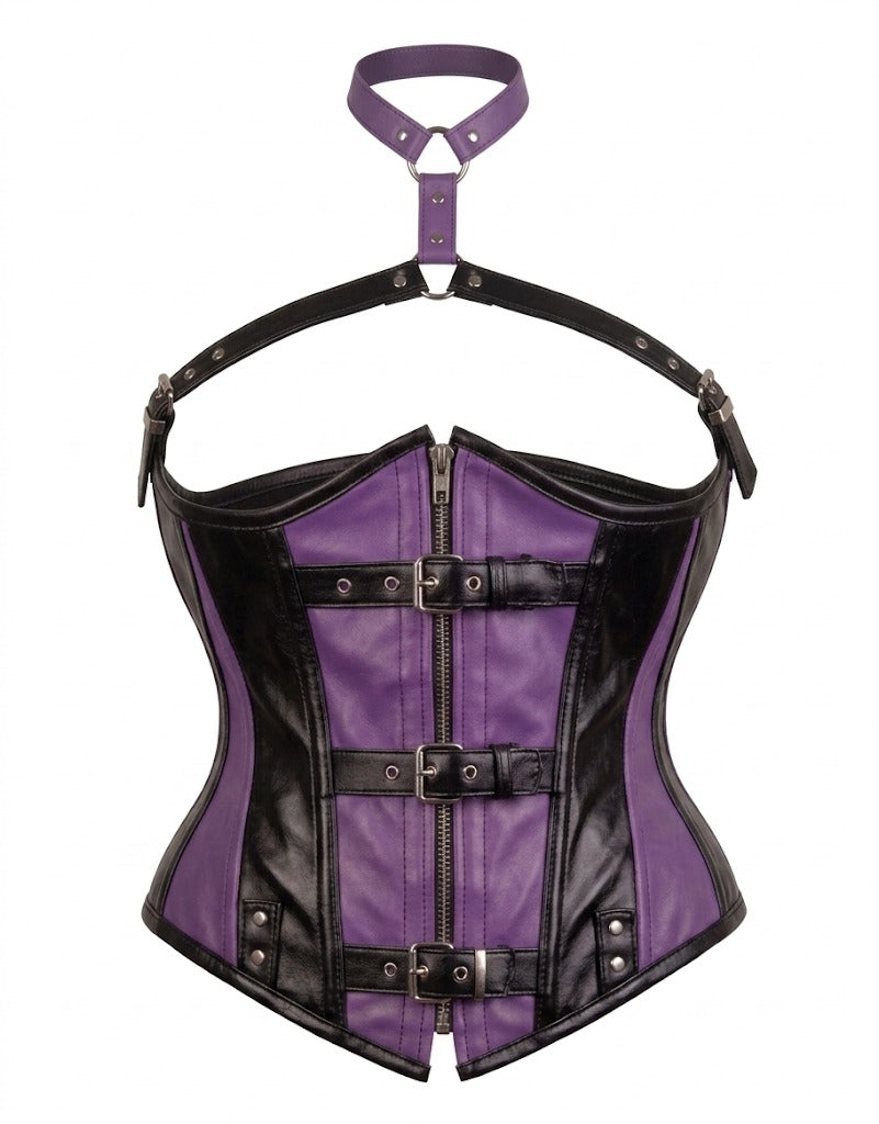 Black and Purple Faux Leather Overbust Corset