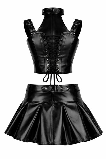 Black PVC Corset with Pleated Skirt & Strap Detail Set
