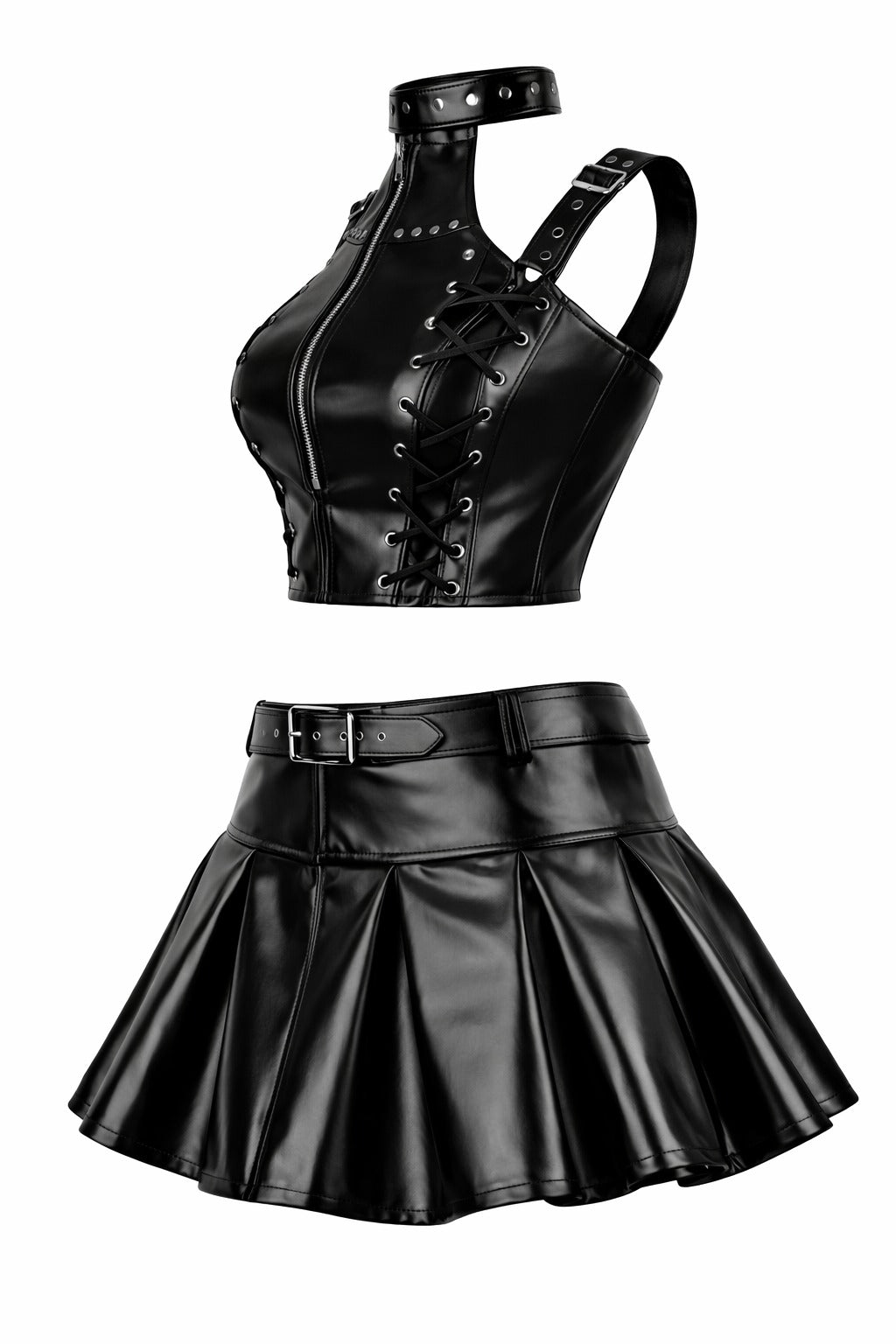 Black PVC Corset with Pleated Skirt & Strap Detail Set