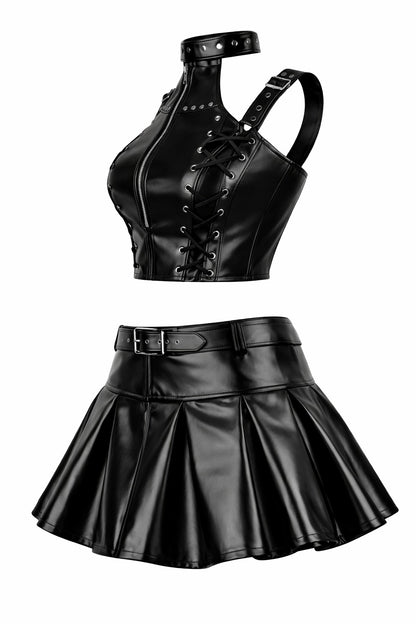 Black PVC Corset with Pleated Skirt & Strap Detail Set