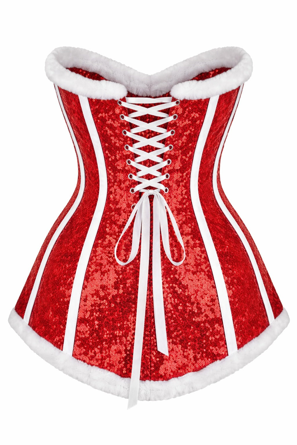Red Sequin Overbust Corset with Faux Fur Trim & Bow