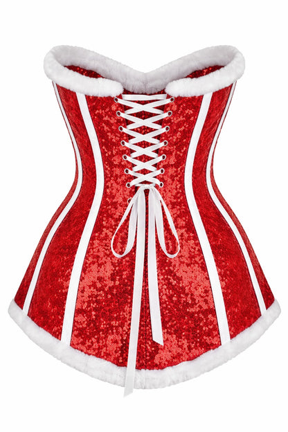 Red Sequin Overbust Corset with Faux Fur Trim & Bow