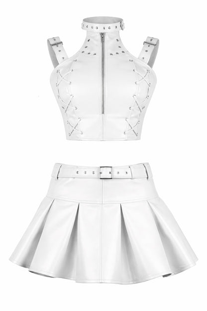White PVC Corset with Pleated Skirt & Strap Detail Set