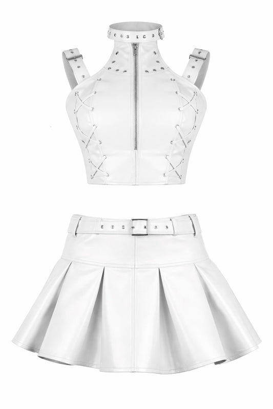 White PVC Corset with Pleated Skirt & Strap Detail Set