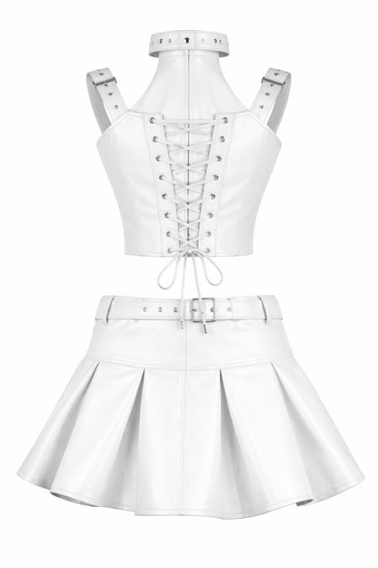 White PVC Corset with Pleated Skirt & Strap Detail Set
