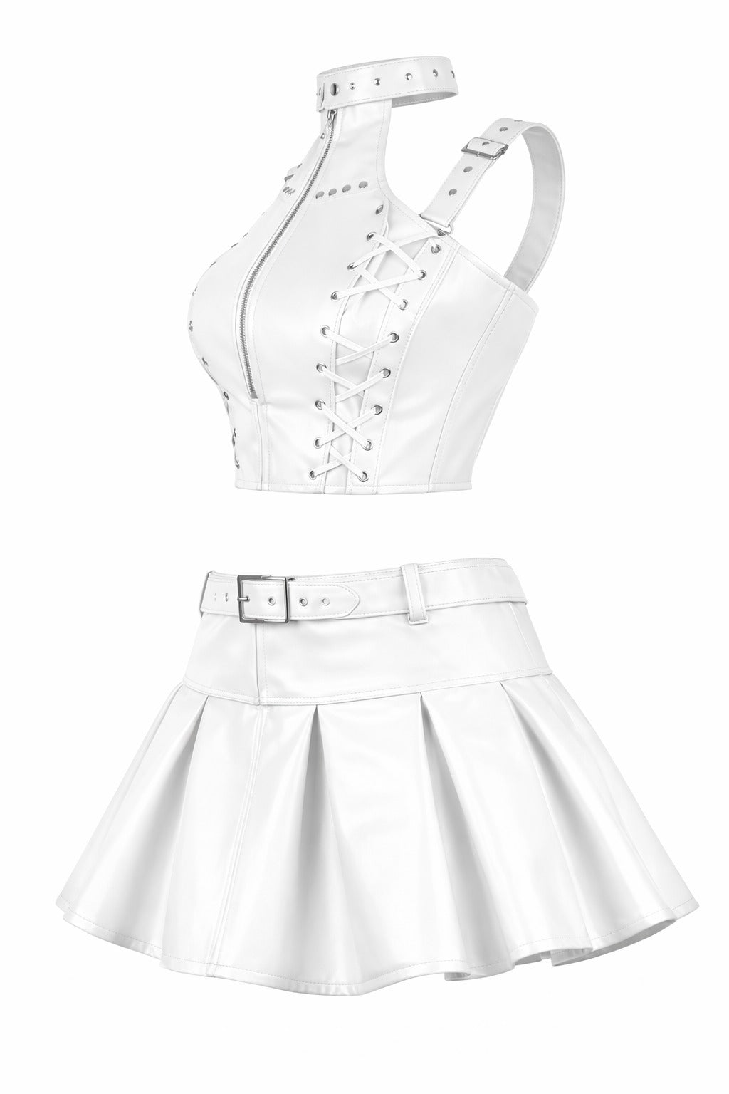 White PVC Corset with Pleated Skirt & Strap Detail Set