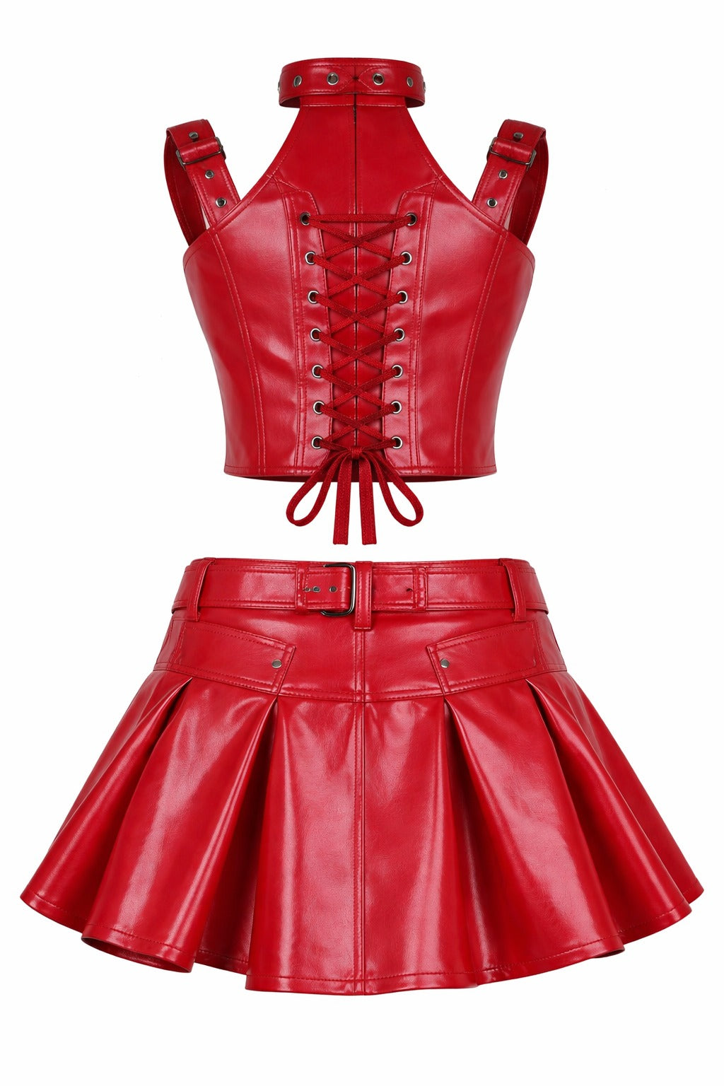 Red PVC Corset with Pleated Skirt & Strap Detail Set