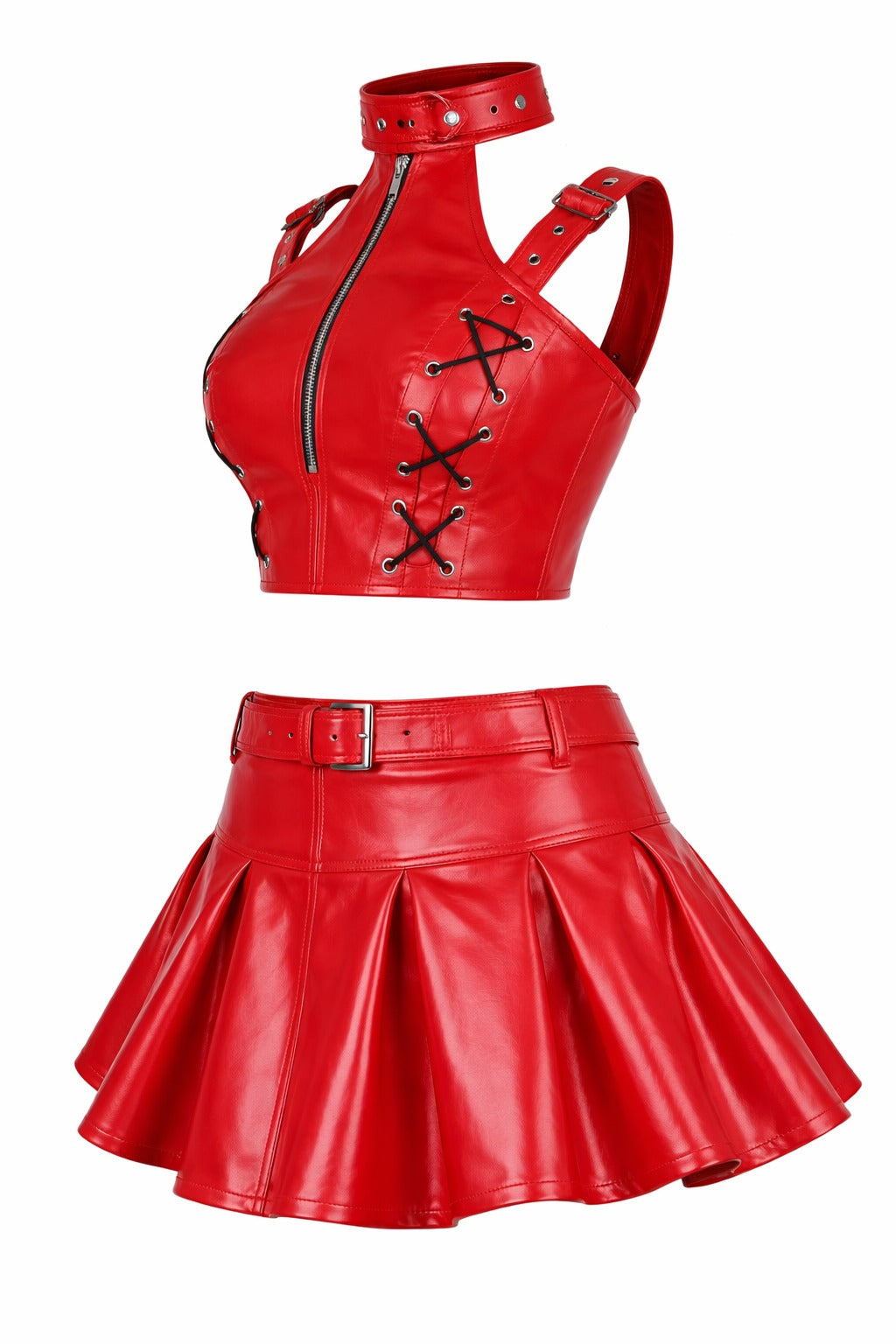 Red PVC Corset with Pleated Skirt & Strap Detail Set