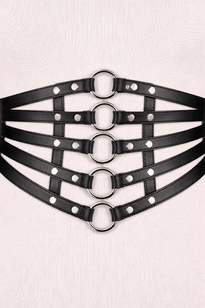 Black Harness Style Waist Belt with Metal Ring Design