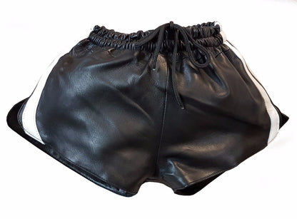 Men Black Real Leather Shorts w/ Elastic Band