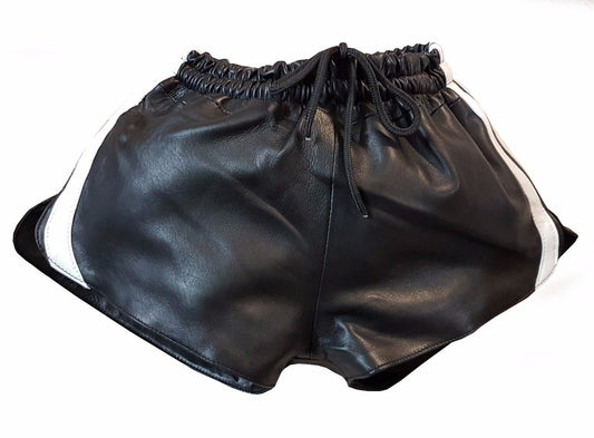 Men Black Real Leather Shorts w/ Elastic Band