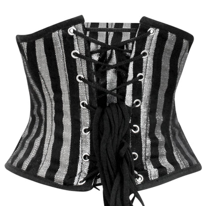 Handmade Silver Black Brocade Steel Boned Mini Cincher Corset