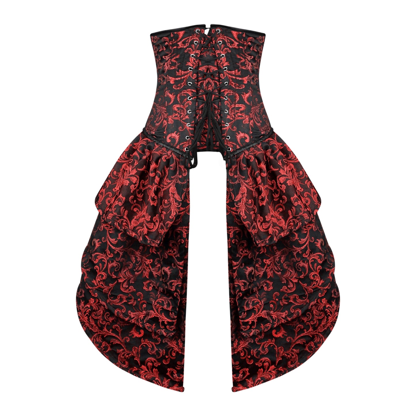Red and Black Victorian Brocade Overbust Corset with Bustle Skirt