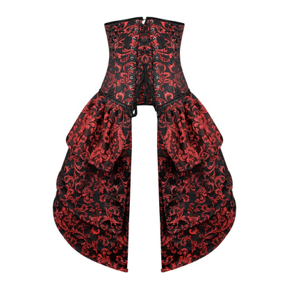 Red and Black Victorian Brocade Overbust Corset with Bustle Skirt