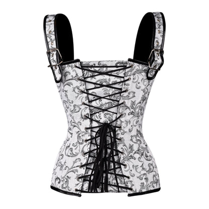White & Silver Brocade Corset with Shoulder Straps