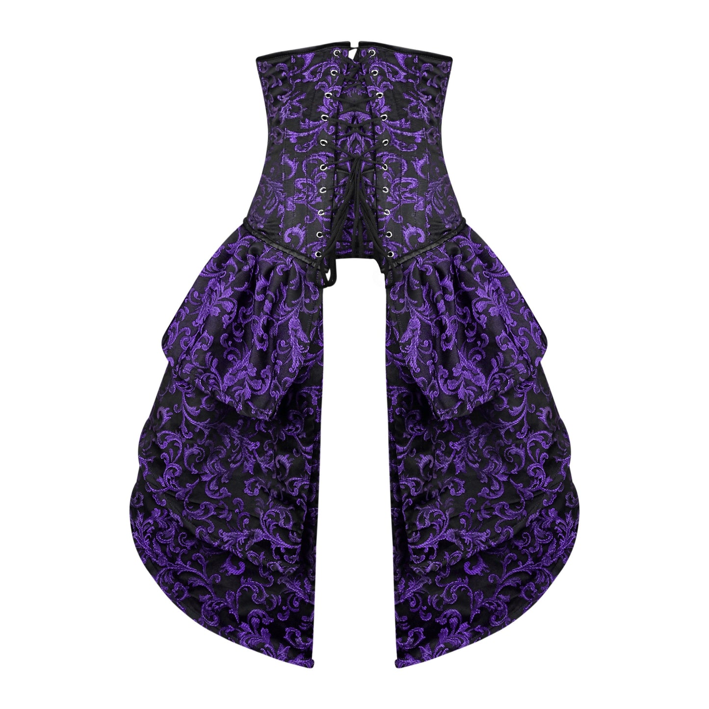 Purple and Black Victorian Brocade Overbust Corset with Bustle Skirt
