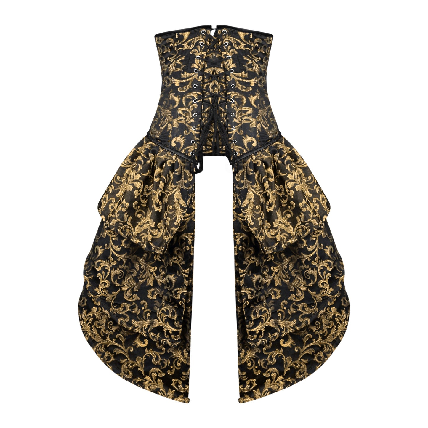 Gold and Black Victorian Brocade Overbust Corset with Bustle Skirt