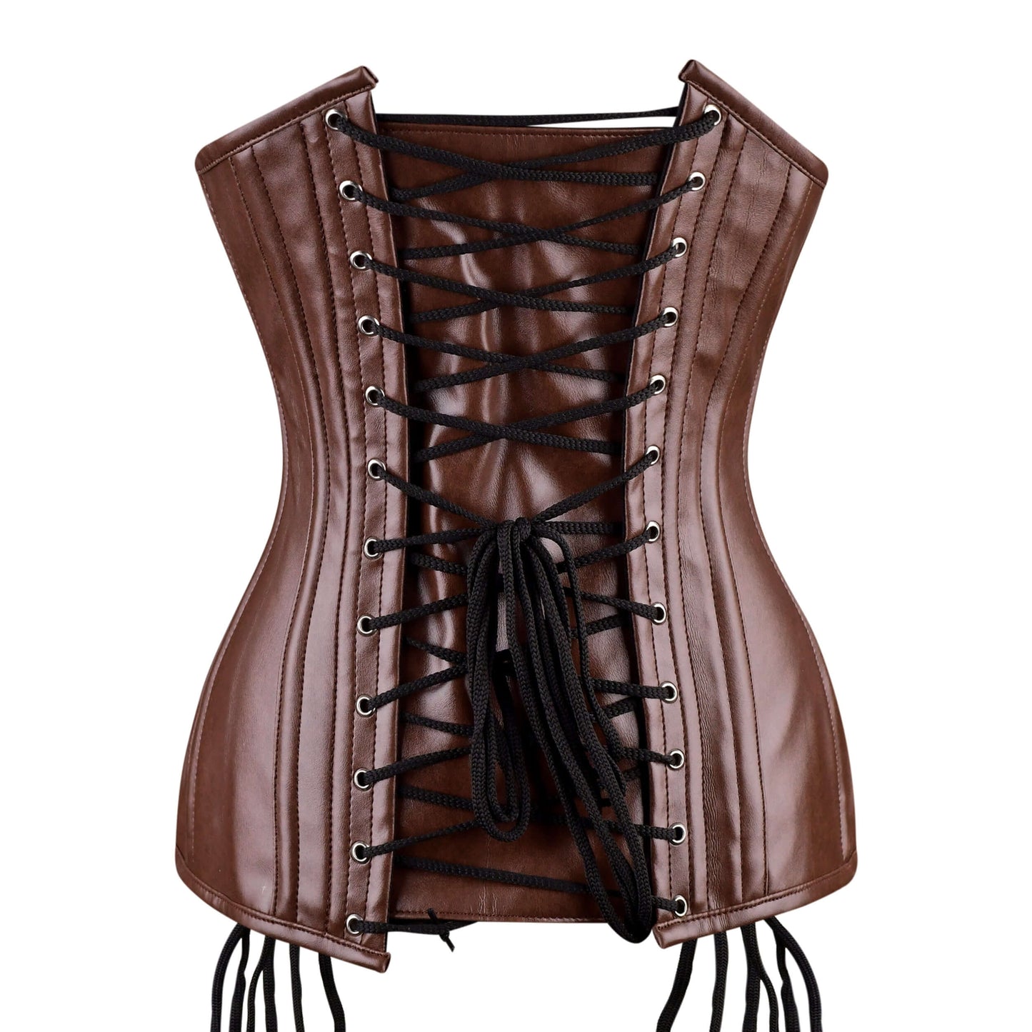 Brown Faux Leather Gothic Overbust Corset with Lace-Up Sides & Zip Front