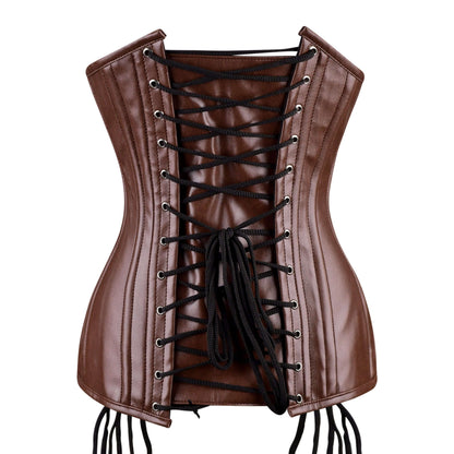 Brown Faux Leather Gothic Overbust Corset with Lace-Up Sides & Zip Front