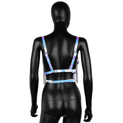 Holographic Leather Harness with Chain Fringe