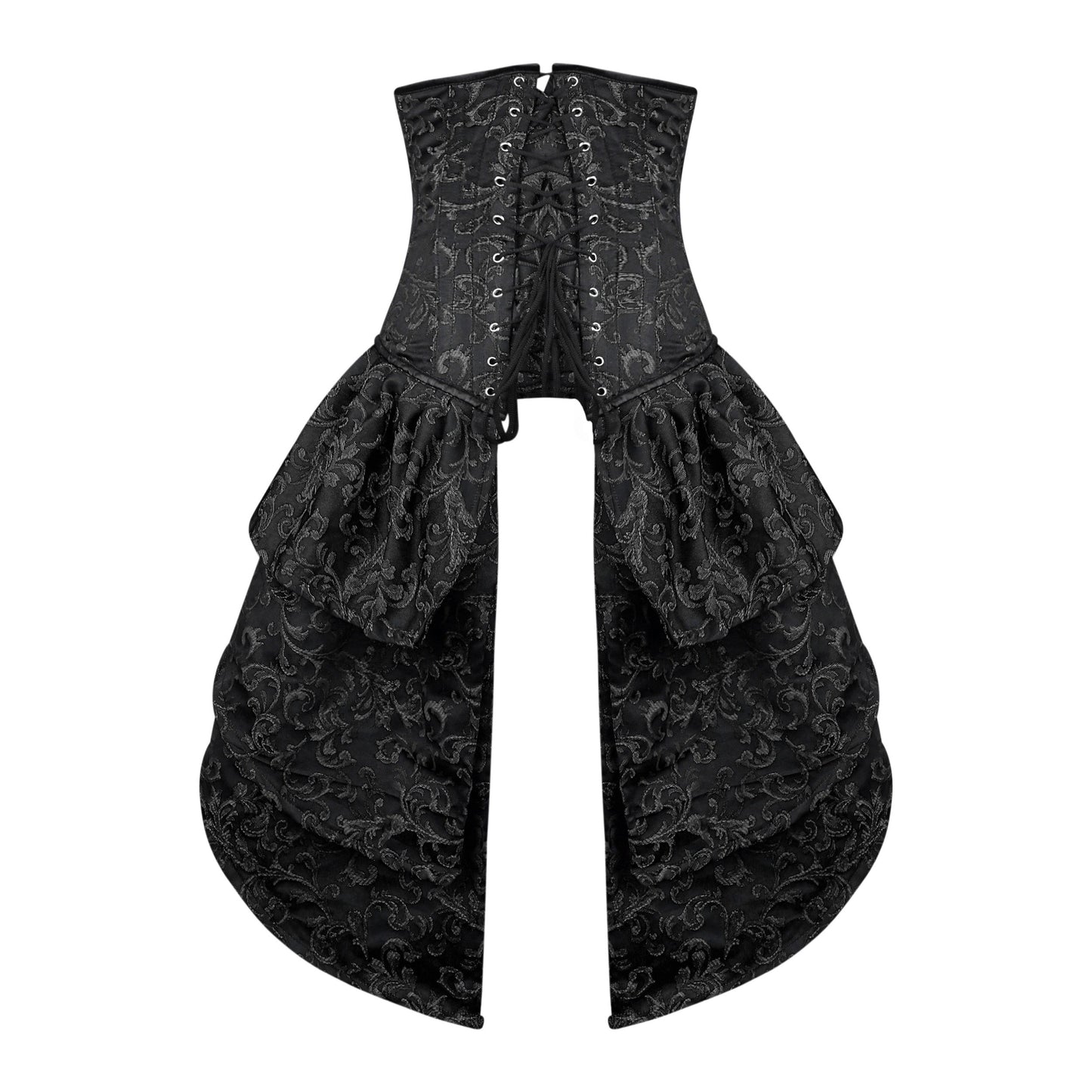 Black and Silver Victorian Brocade Overbust Corset with Bustle Skirt