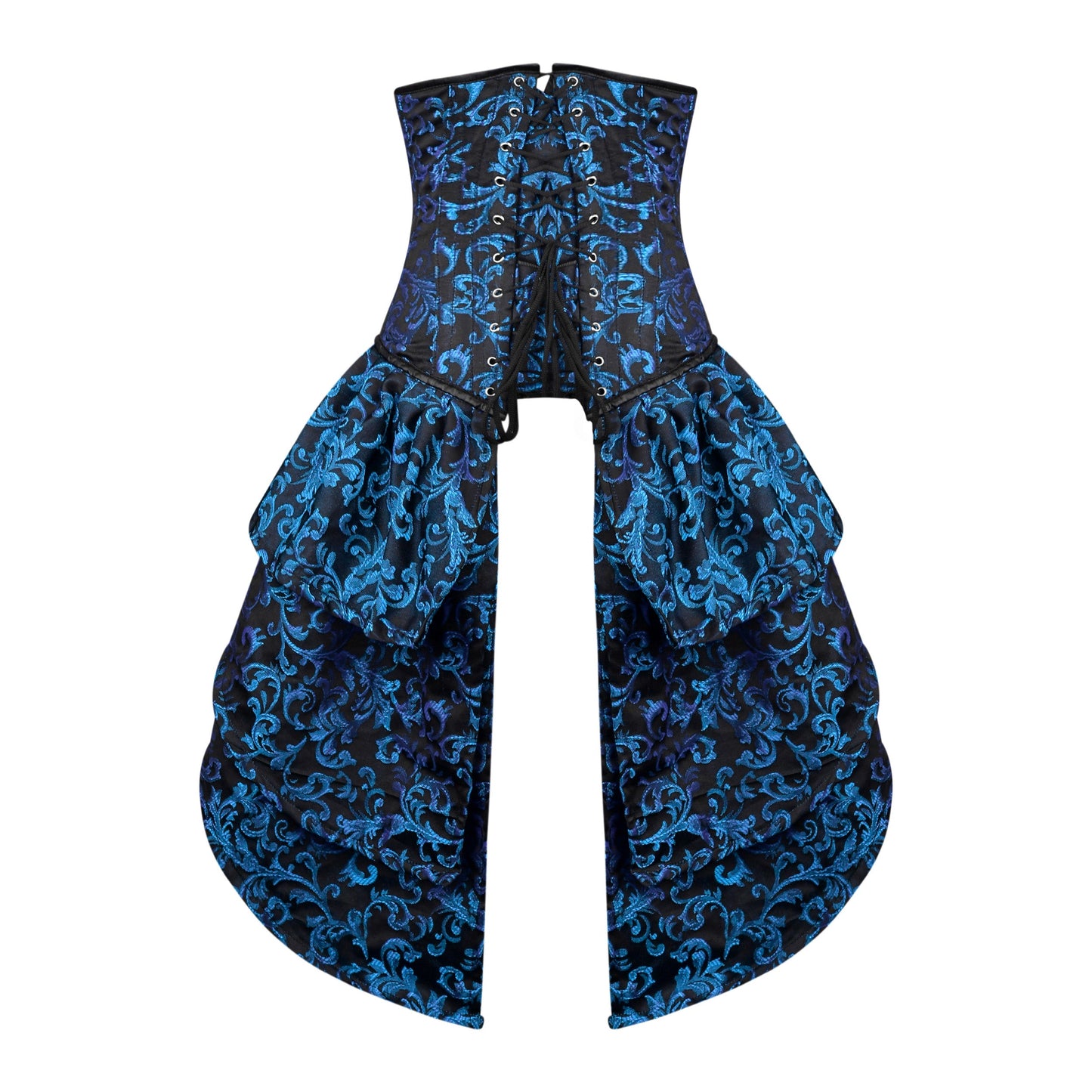 Blue and Black Victorian Brocade Overbust Corset with Bustle Skirt