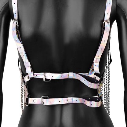 White Iridescent Leather Harness with Chain Fringe