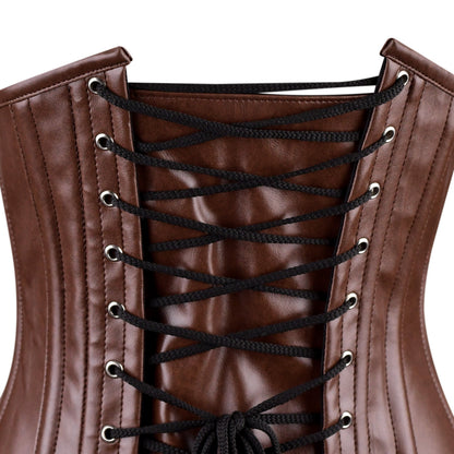 Brown Faux Leather Gothic Overbust Corset with Lace-Up Sides & Zip Front