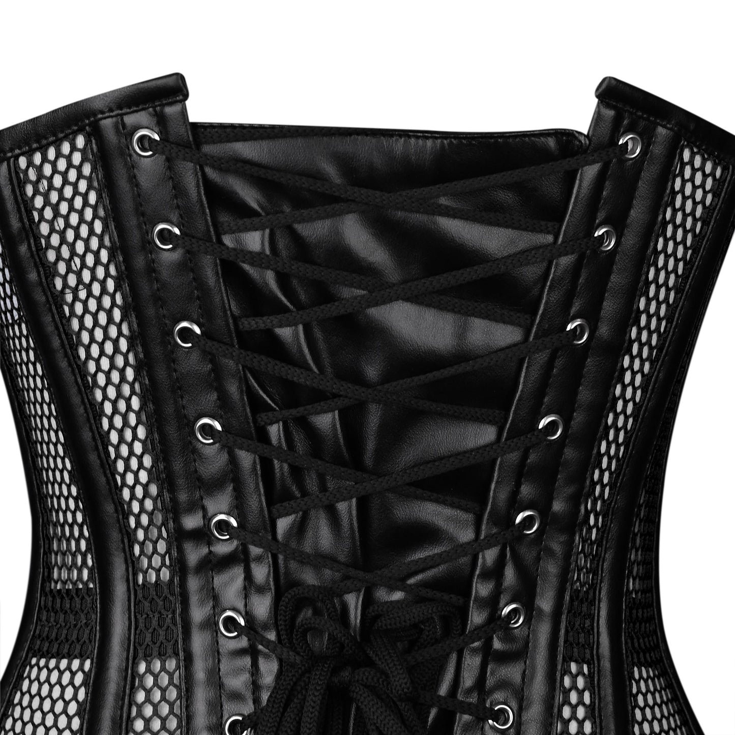 Handmade Black Mesh Faux Leather Steel Busk Overbust Corset