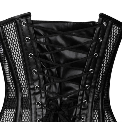 Handmade Black Mesh Faux Leather Steel Busk Overbust Corset