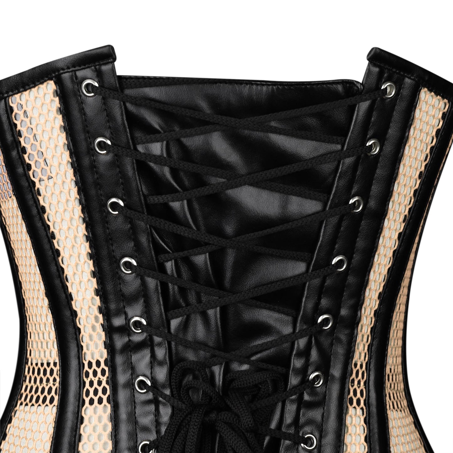 Handmade Nude Mesh Black Faux Leather Steel Busk Overbust Corset