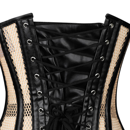 Handmade Nude Mesh Black Faux Leather Steel Busk Overbust Corset