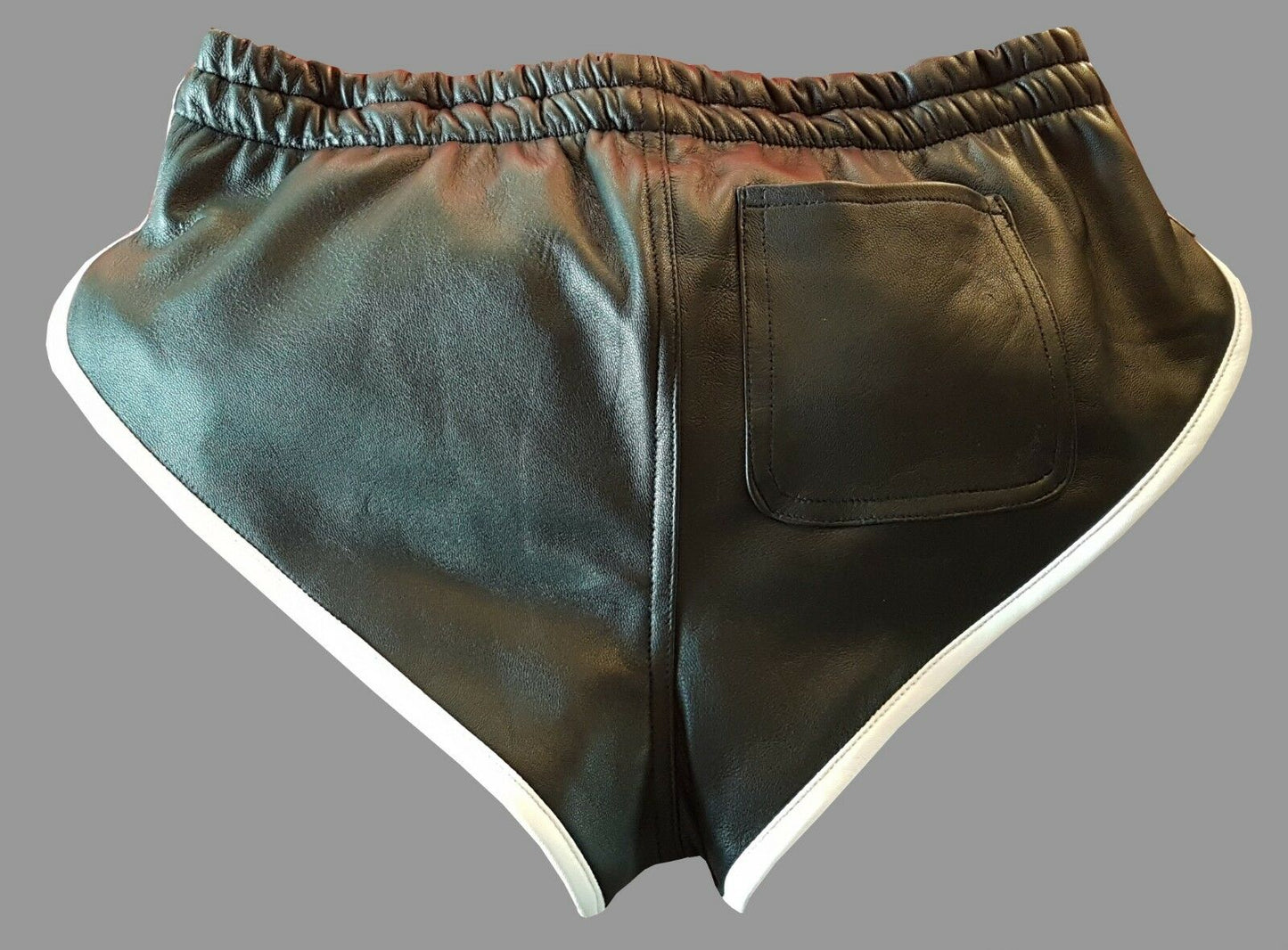 Men Black Real Leather Shorts w/ Elastic Band