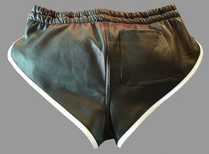 Men Black Real Leather Shorts w/ Elastic Band
