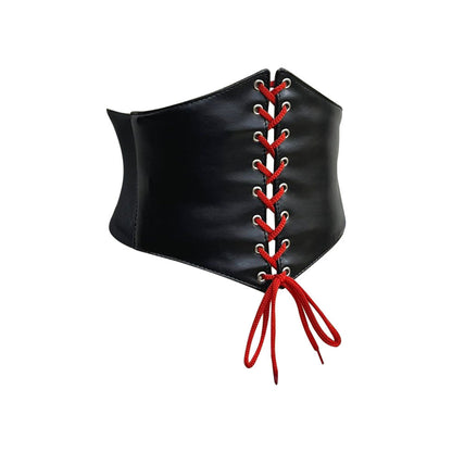 Black Red Laces Faux Leather Waist Trainer Corset Belt