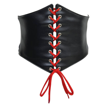 Black Red Laces Faux Leather Waist Trainer Corset Belt