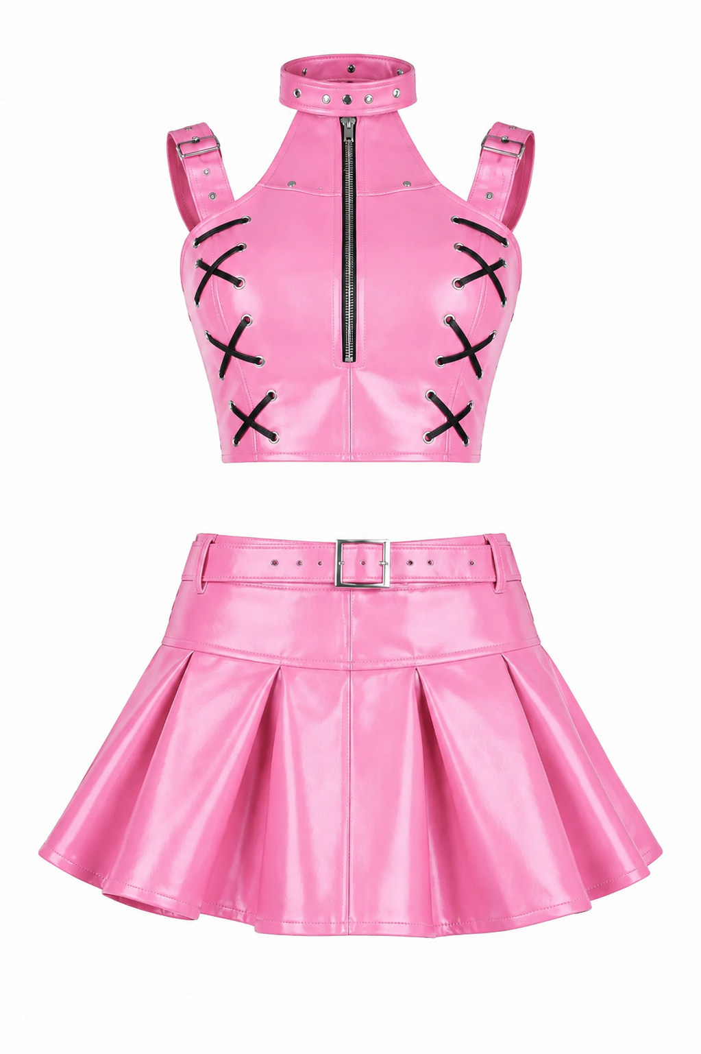 Pink PVC Corset with Pleated Skirt & Strap Detail Set