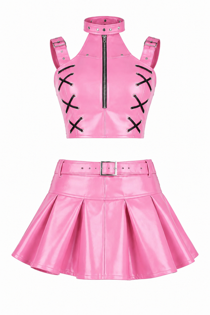Pink PVC Corset with Pleated Skirt & Strap Detail Set