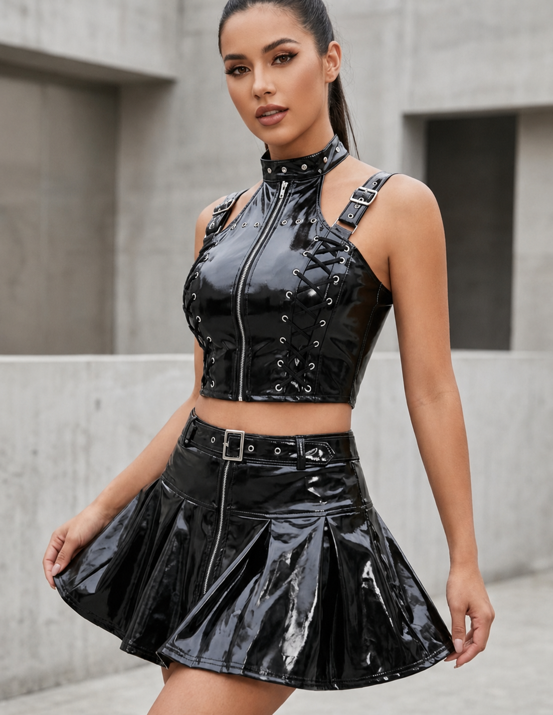Black PVC Corset with Pleated Skirt & Strap Detail Set