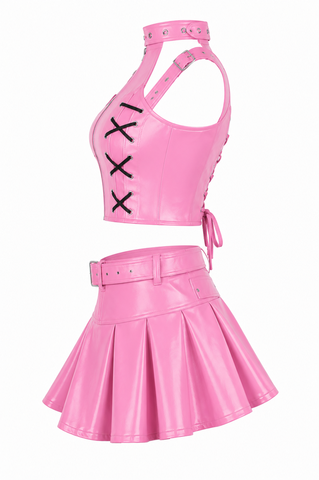 Pink PVC Corset with Pleated Skirt & Strap Detail Set