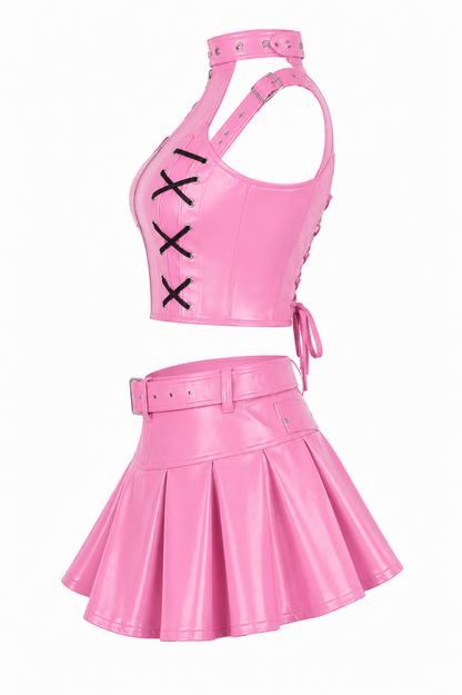 Pink PVC Corset with Pleated Skirt & Strap Detail Set