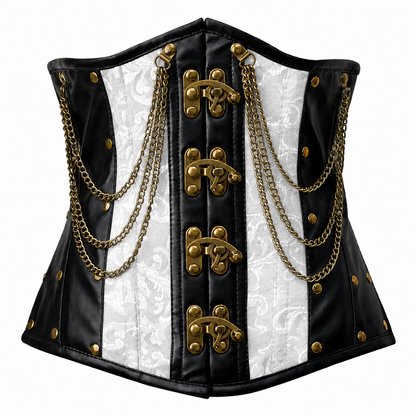 Steel Boned White Gothic Brocade Under bust Corset with Chains