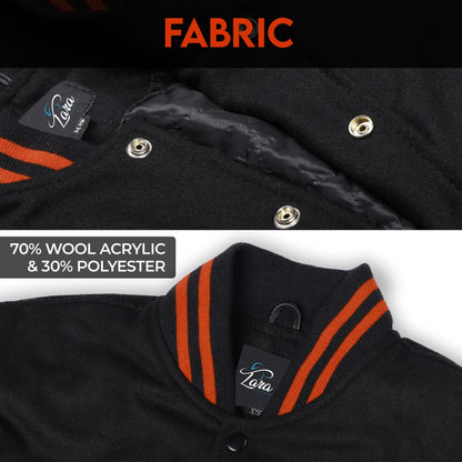 Black Baseball Jacket, Varsity Jacket with Real Leather Sleeves