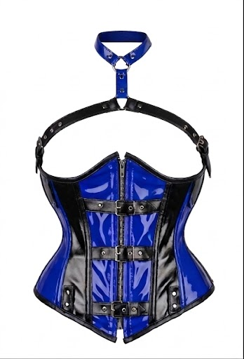 Blue and Black PVC Halter Neck Corset with Buckle Straps